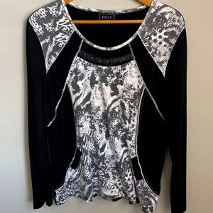 Orly Women's Black Abstract Print Long Sleeve T-shirt Blouse Size X-large‎